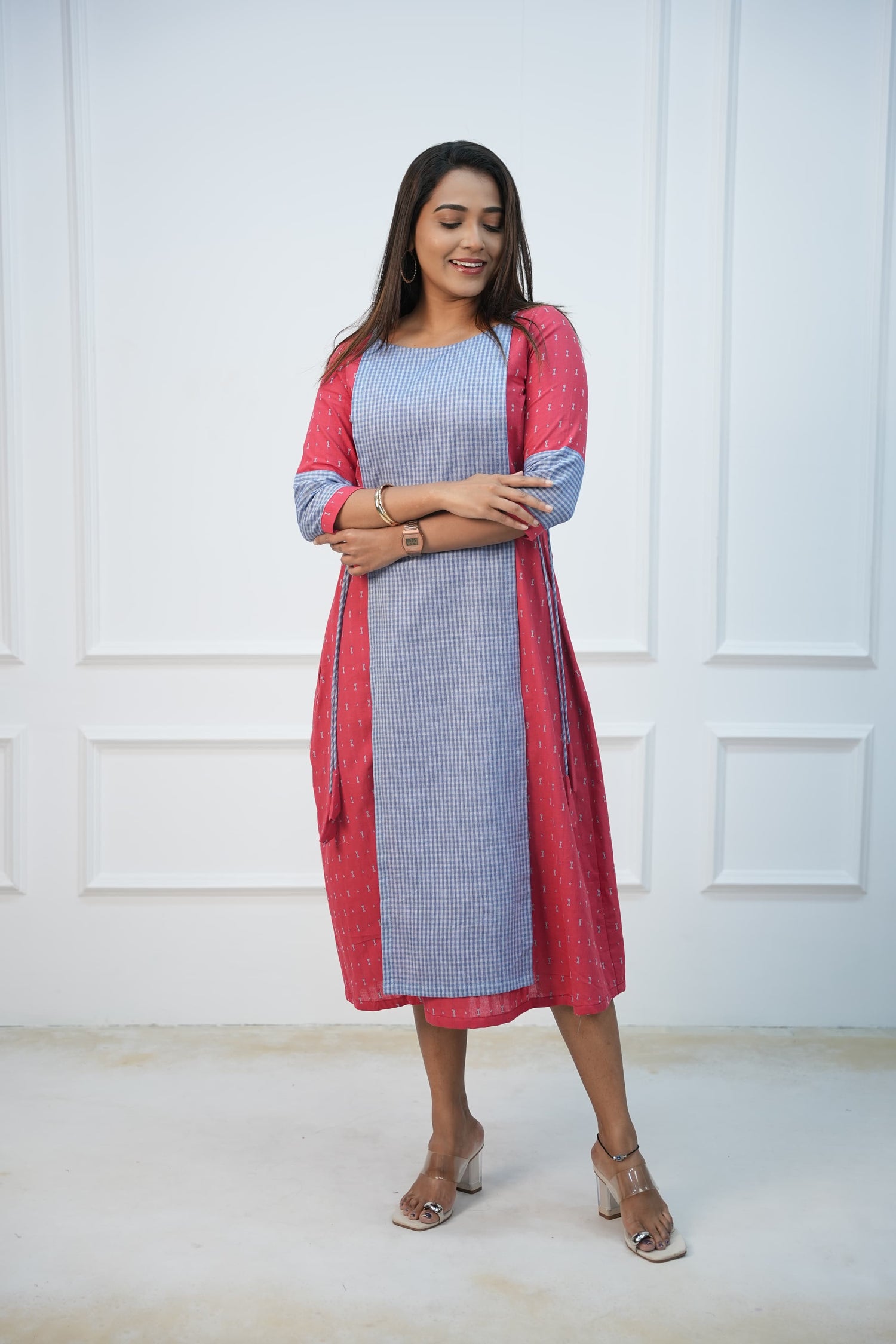 Coral checks Maternity Feeding Dress