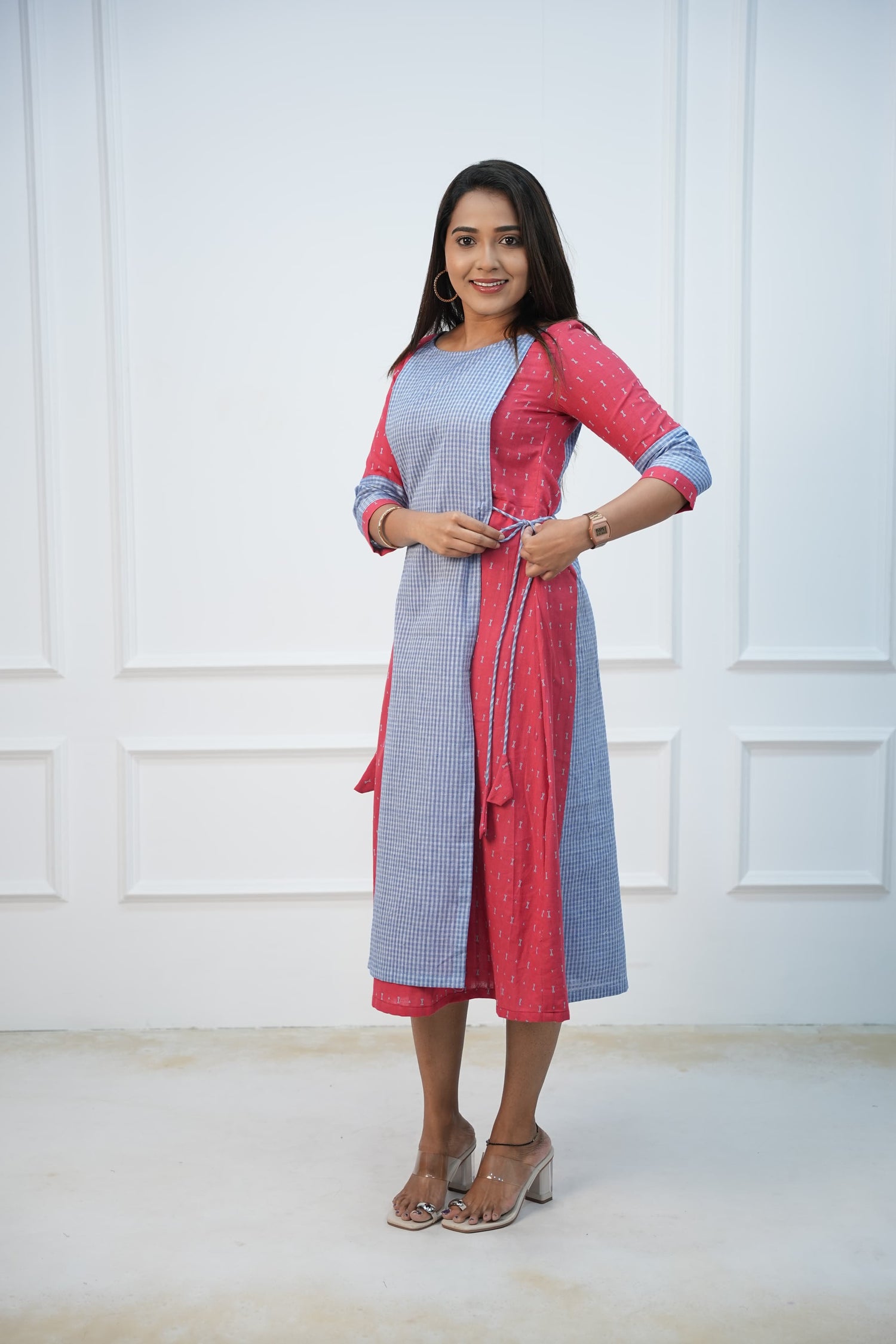 Coral checks Maternity Feeding Dress