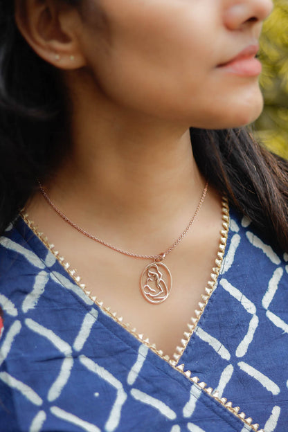 Mom And Baby Silhouette Oval Rose Gold Plated Silver Necklace