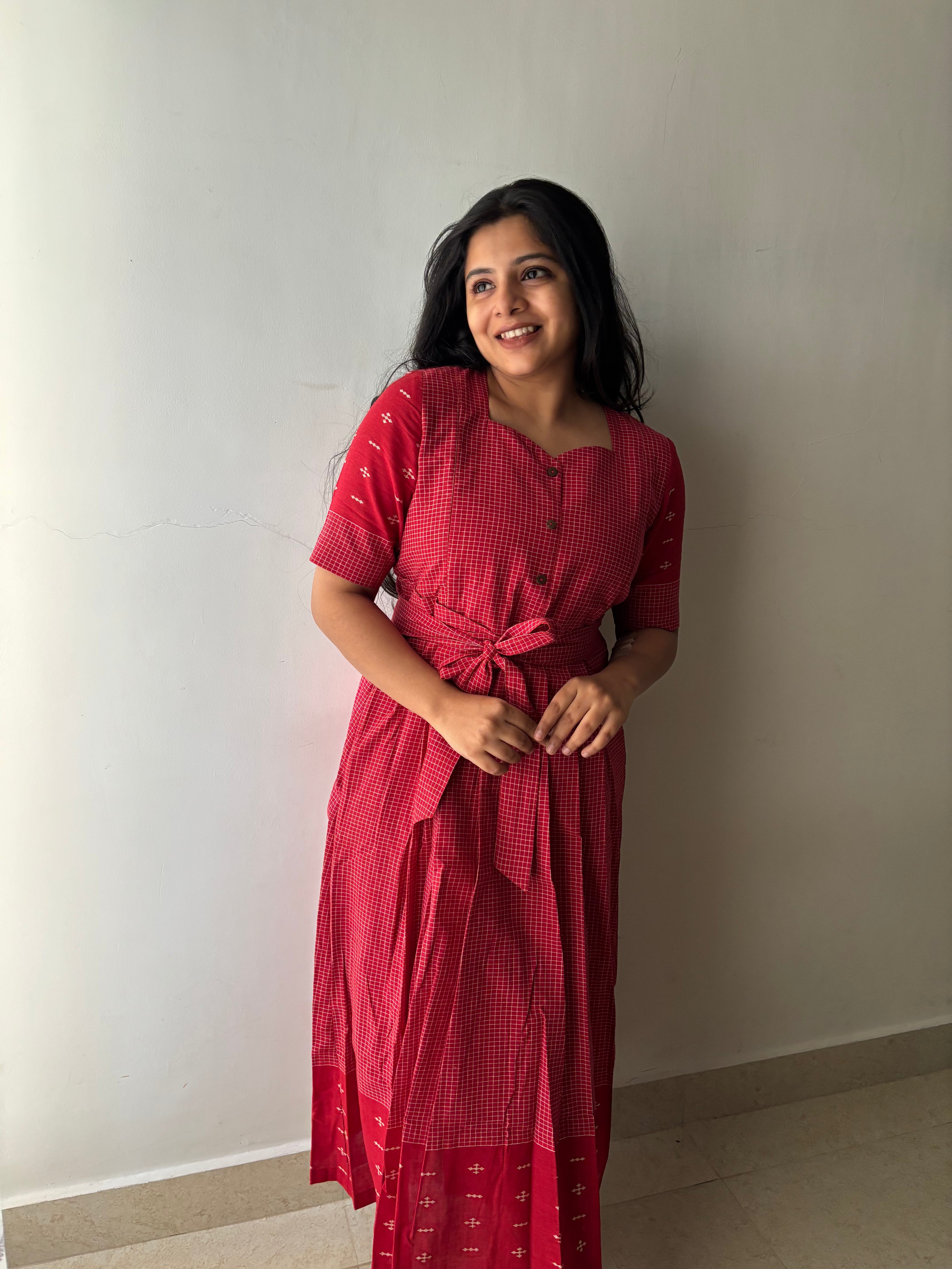 Checks On Red Maternity Feeding Dress