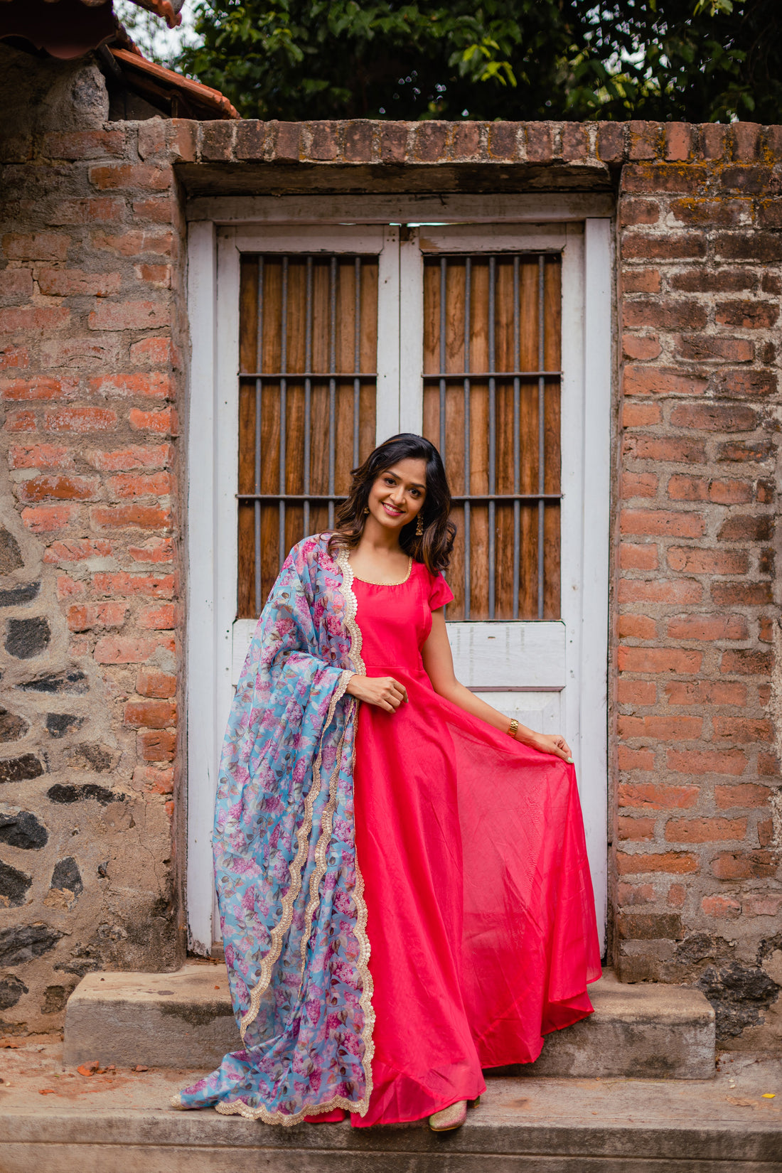 GARNET Festive Maternity Feeding Anarkalli Festive Dress with Floral Blue Orgenza Duppatta