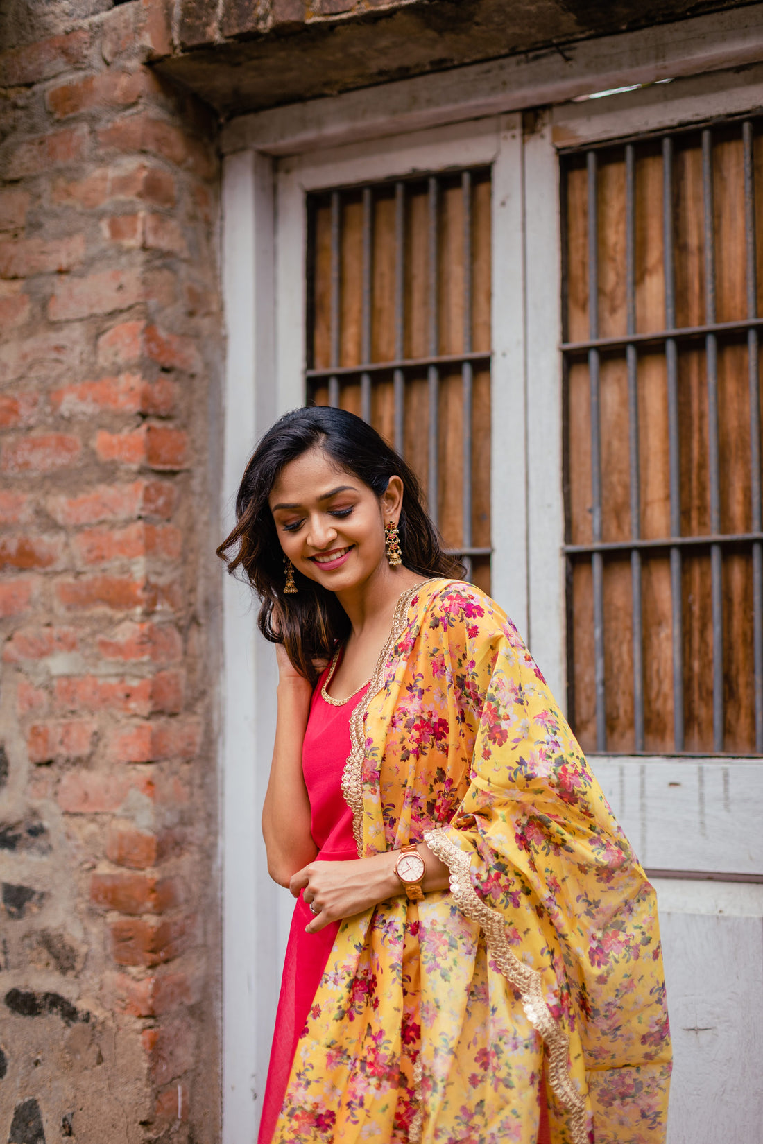 GARNET Festive Maternity Feeding Festive Anarkalli Dress with Floral Yellow Orgenza Duppatta