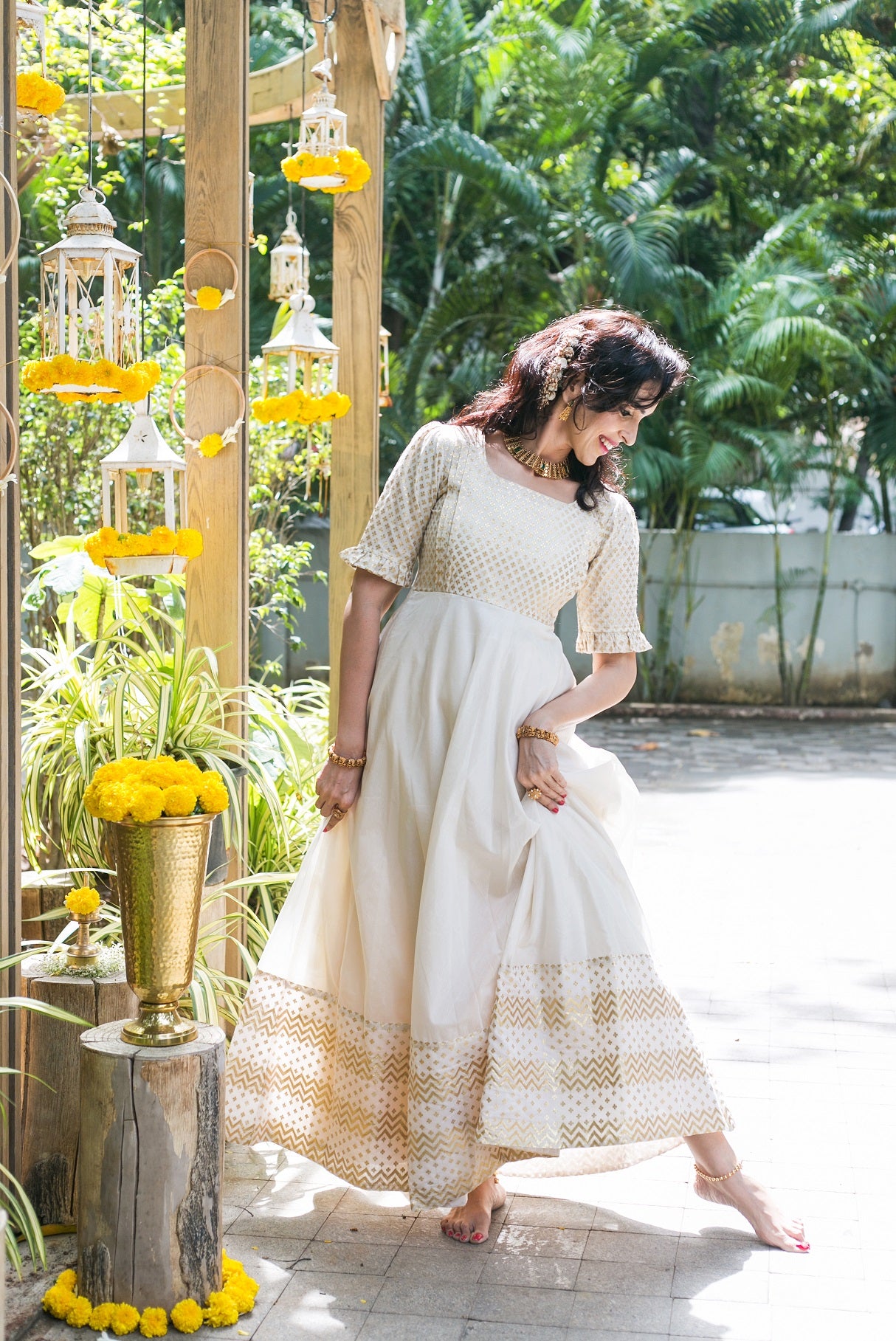 Waves of Gold Chanderi Silk Festive Maternity Feeding Maxi 51 inches